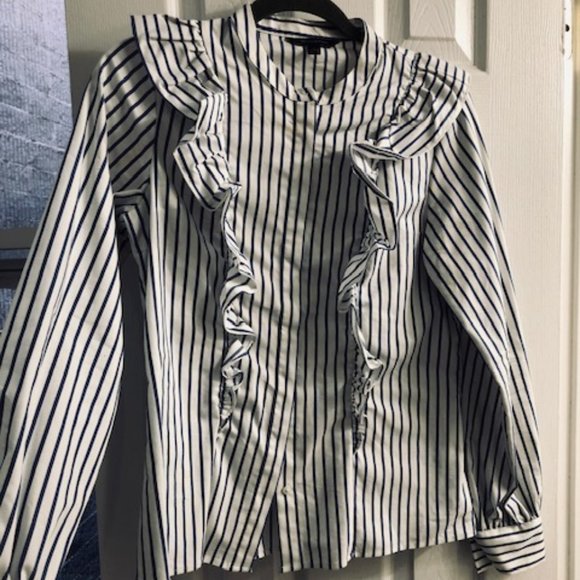 Banana Republic Navy/White Striped Ruffle Shirt - Picture 4 of 7
